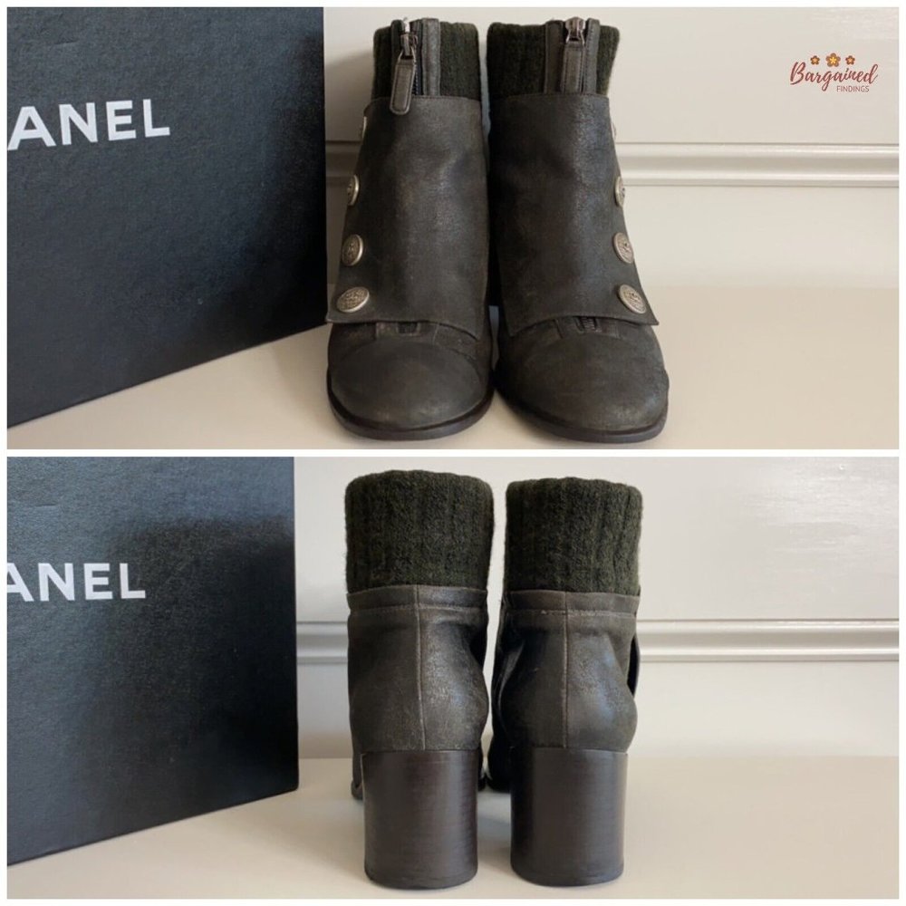Authentic CHANEL Charcoal Distressed Leather Tweed CC Buttons Ankle Boots 10.5 - Picture 5 of 15